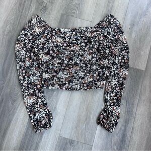 Lulus Womens Black Floral Crop Top Blouse Smocked Long Sleeve L NWT